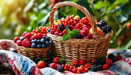 Wall Mural - Freshly Harvested Berries in a Basket on Satin Fabric: A Vibrant Celebration of Healthy Summer Delights