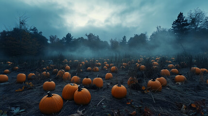 spooky pumpkin field near the dark woods