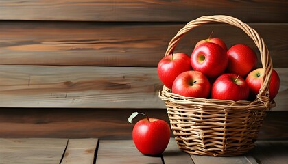 Rustic basket of red apples on weathered wood, embodying farm freshness and healthy summer indulgence, perfect for nostalgic designs and vibrant banners.