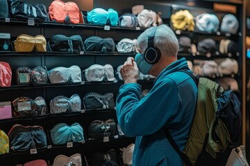 Customer inspecting a collection of noise-canceling sleep masks in a travel accessories shop. 