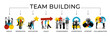 © master1305 - Team building infographics featuring group, inspiration, motivation, goals, cohesiveness, competence, support and collaboration. Contemporary art collage. Concept of business. Banner