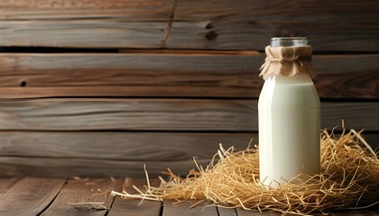 Wall Mural - Vintage milk bottle with straw on rustic wooden surface in barn, representing agricultural heritage and natural dairy production in a nostalgic country setting