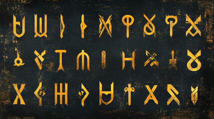 A vector illustration showcasing the complete collection of the Rune alphabet (Futhark), featuring the Rune Fehu. This artwork highlights mystical symbols associated with ancient Germanic writing.