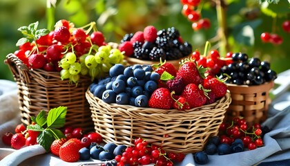 Wall Mural - Freshly Harvested Berries in a Basket on Satin Fabric: A Vibrant Celebration of Healthy Summer Delights