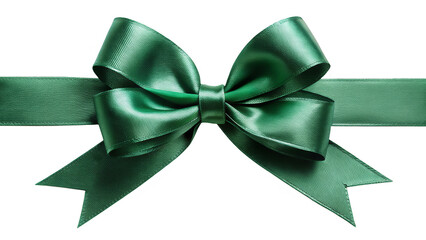 Wall Mural - Close up of green satin ribbon tied into a bow, isolated on white background