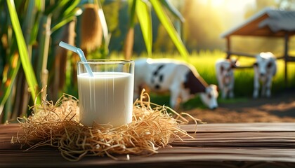 Wall Mural - Farm-fresh milk in a glass on rustic wooden surface with straw, celebrating natural dairy production and agriculture industry aesthetics. Perfect for banners and posters.