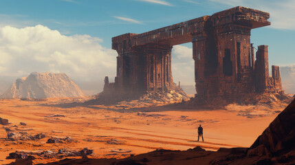 This 3D illustration showcases a futuristic landscape set in a space opera universe, featuring strikingly designed ruins that hint at a once-great civilization. The digitally painted environment combi