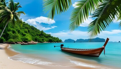 Wall Mural - Tropical Beach Panorama Featuring a Wooden Boat Under Summer Skies for Travel Inspiration and Natures Beauty in Wallpaper Design