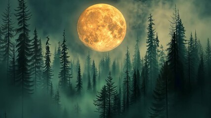 Aufkleber - This full moon illuminates the dark forest, casting ethereal light through the trees.