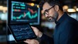 © nunoi - Businessman analyzing stock charts of luxury brands on a sleek tablet in a luxury office, illustrating wealth management and investment in the luxury market