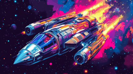 A pop art retro vector illustration depicting a futuristic outer space battle starship. The artwork features bold colors and dynamic lines, capturing the excitement and drama of an intergalactic confl