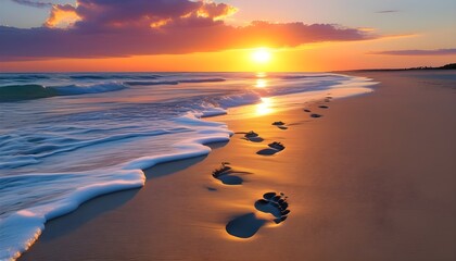 Wall Mural - Sandy beach footprints at sunset with gentle ocean waves, evoking summer travel and vacation vibes for stunning wallpaper or banner designs