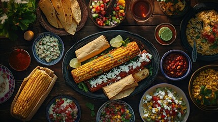 A vibrant spread of Mexican dishes including corn, tacos, and salsas on a wooden table.