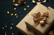 © Lazy_Bear - Festive gift box wrapped with gold ribbon against dark background with holiday decor