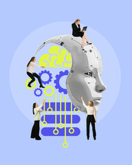 Contemporary art collage. Humans collaborating with AI-driven machine, depicting convergence of artificial intelligence and human ingenuity in modern devices. Concept of business and technology. Ad