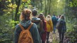 © Bussakon - Group of people on a mindful nature walk in a lush forest exploring the sights sounds and smells of the serene environment