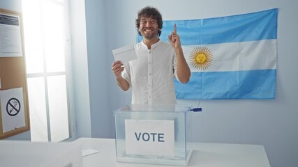 Sticker - Young hispanic man holding vote with happy face and idea, pointing one finger with question at electoral college in argentinian polling room