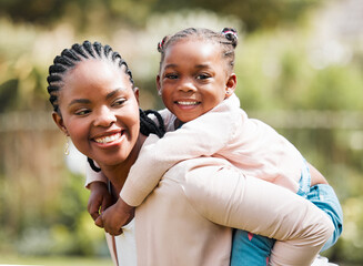 Wall Mural - Black woman, piggy back and girl child in portrait with care, connection or playful in garden with love. African family, mother and daughter in summer for smile, bonding or backyard for game in Kenya