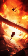 illustration of a war action, lone operative sprinting across a collapsing bridge .