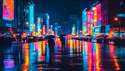 Neon-lit cityscape at night with reflections on wet streets and a figure holding an umbrella amidst the vibrant glow.