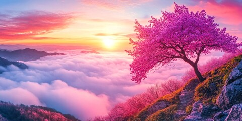 Sticker - A vibrant sunset emerges behind a beautiful cherry blossom tree. The stunning colors paint the sky and clouds. This scenic nature view captures tranquility and beauty. AI