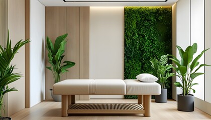 Serene modern treatment room with a massage table and greenery, promoting relaxation and healing