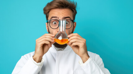 Wall Mural - A man in lab coat holding a beaker with orange liquid, AI