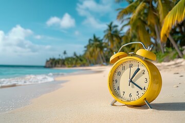 Wall Mural - Yellow alarm clock on a sandy beach with palm trees and ocean in the background.