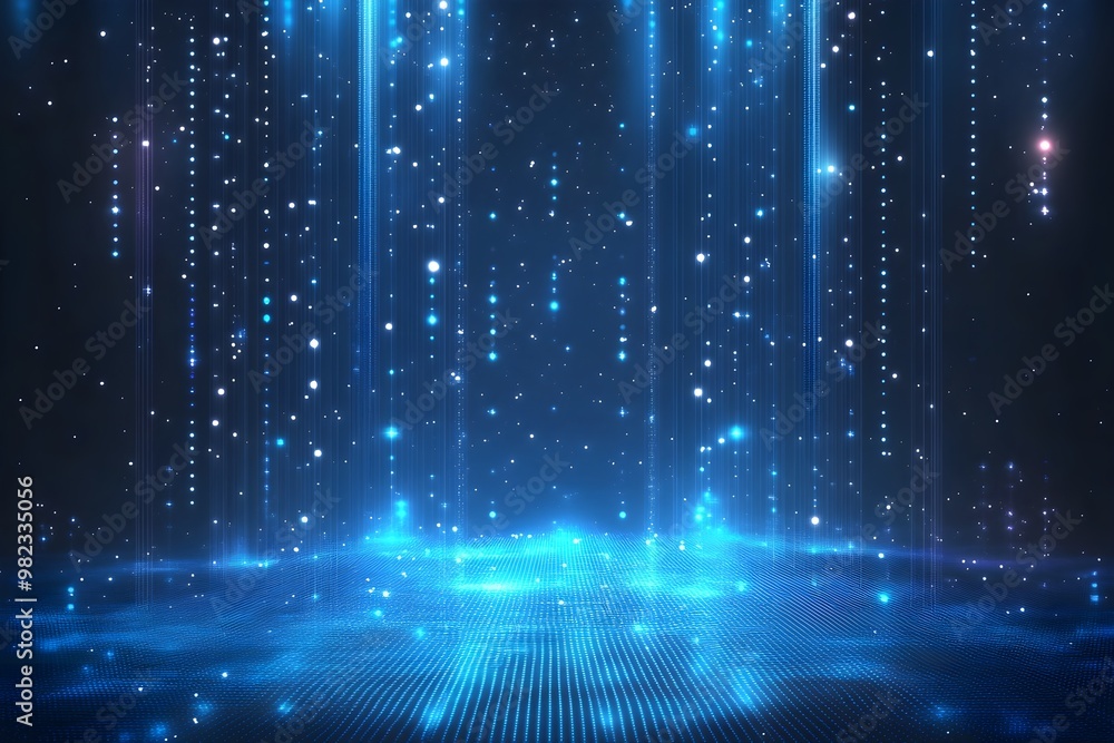 A digital landscape featuring glowing blue particles and lines ...