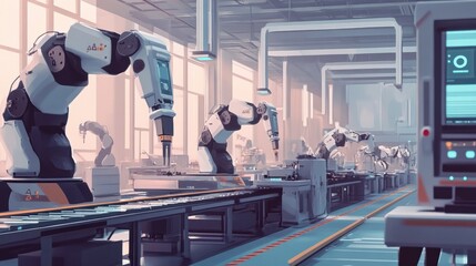 A futuristic factory facility with robotic arms and automated conveyor belts assembling electronic products.