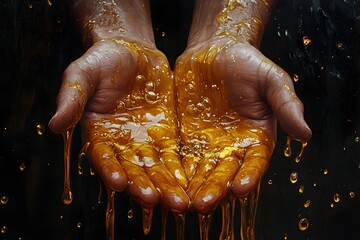 Two hands cupped together, holding glistening golden liquid that drips and splashes, symbolizing richness and abundance.