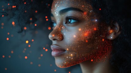 Young woman gazing at futuristic orange digital display, analyzing complex data patterns. High-tech coding, software development, and innovation in a modern, tech-driven environment.
