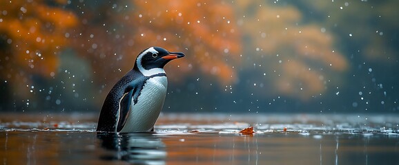 Wall Mural - A single penguin stands in the water with rain falling in the background.