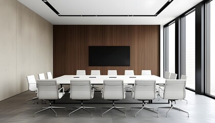 Wall Mural - Sleek minimalist conference room with a long table and white chairs, designed for professional corporate meetings