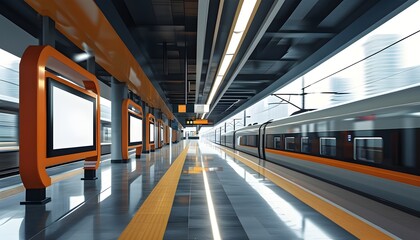 Dynamic urban train station highlighting modern design with a blank advertising board and a swiftly approaching train