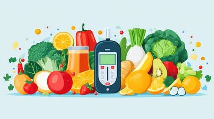 Wall Mural - collection of fruits and vegetables with a meter in the center, symbolizing healthy eating habits and diabetes control on clean white background. World Diabetes Day and promotion of healthy lifestyle.