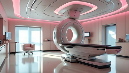 Wall Mural - Sleek MRI machine in a serene, softly lit space highlighting cutting-edge medical technology and patient comfort