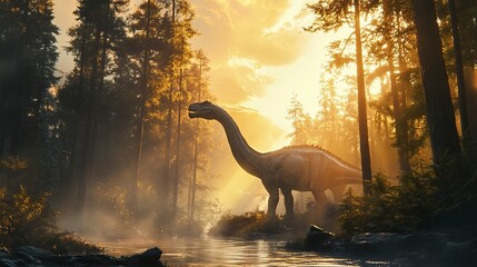 Wall Mural - A large dinosaur stands in a misty forest with a river in the foreground, sunlight beams through the trees.