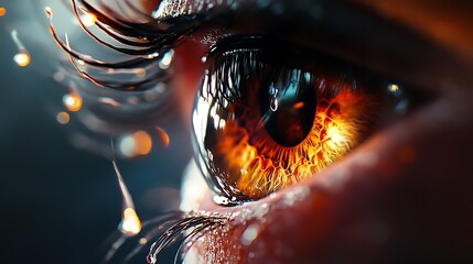 Wall Mural - Close-up of a human eye with a golden iris and sparkling reflections.