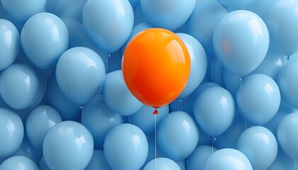 Vibrant orange balloon contrasts beautifully with blue balloons on a soft blue background, ideal for festive occasions or celebrations.