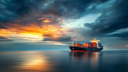 Cargo ship sailing in calm waters under dramatic sunset sky with colorful clouds