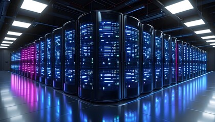 Futuristic data center featuring illuminated servers and advanced technology in a dynamic and connected modern environment