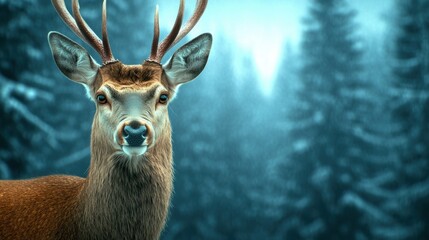 Sticker - A close up of a deer with antlers standing in front of trees, AI