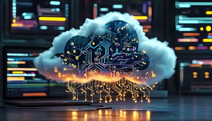 Innovative digital cloud symbol embodying cloud computing with vibrant circuitry on a sleek technology backdrop