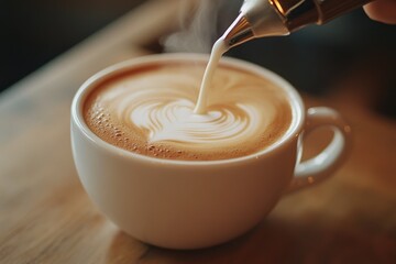 Barista creating latte art in a cozy cafe setting during the morning hours, focusing on the coffee cup