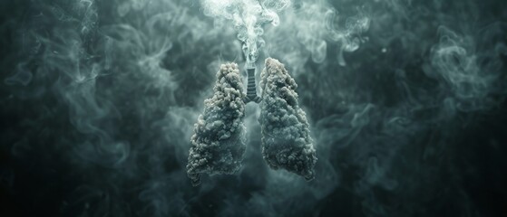 Image shows central human lungs with enveloping smoke of varying densities, right lung more obscured. Illustrates harmful, smoky environment impacting health or pollution.