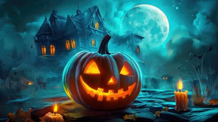 Halloween pumpkin with candlelight in front of a haunted house background,