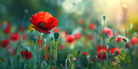 Poppies for Remembrance Sunday - a close of a single poppy flower head with a field of poppies behind ideal for a relevant message to remember those who lost their lives in the war
