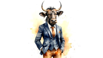 Wall Mural - Wildebeest in a Suit: A Wild Businessman - a wildebeest in a corporate suit, blending the wild and the professional. Humorous image. Business. Animal. 1