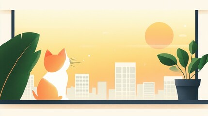 Poster - A cute fluffy cat basks in golden hour light, gazing out of a window at a serene urban skyline in this cozy illustration.